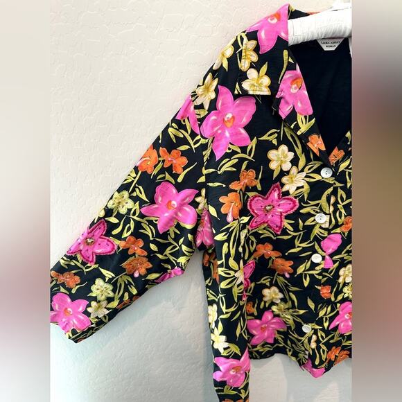 LAURA ASHLEY | Woman Silk Floral Embroidered Blouse Black Pink Boho | Size 2X - Picture 3 of 8